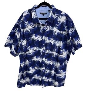 SYNRGY 3XLT 100% Cotton Blue Palm Print Button Down Men's Tropical Shirt